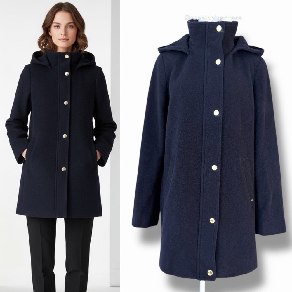 Ellen Tracy Navy Blue Wool Blend Hooded Parka Coat Size 6 Gold Hardware Jacket